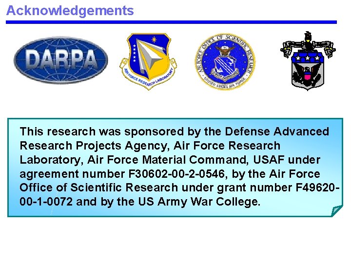Acknowledgements This research was sponsored by the Defense Advanced Research Projects Agency, Air Force