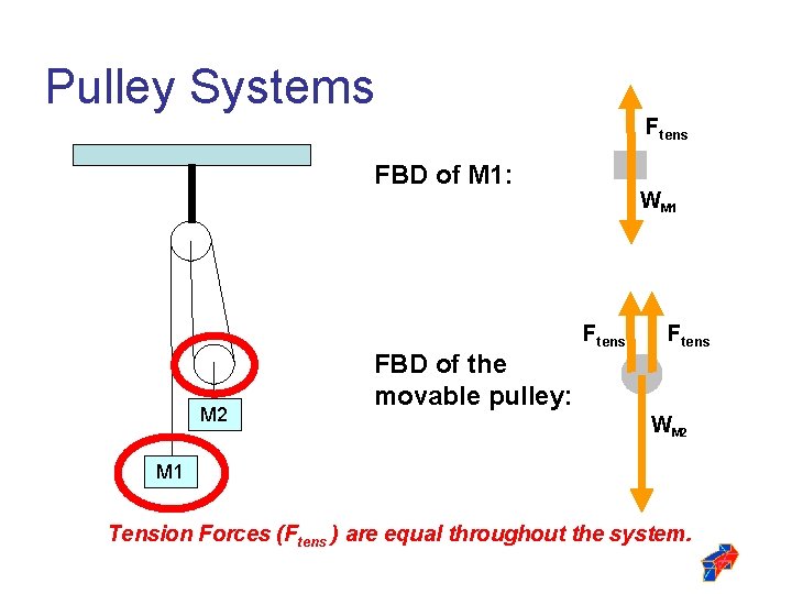 Pulley Systems Ftens FBD of M 1: M 2 FBD of the movable pulley: