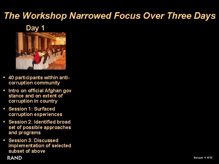 The Workshop Narrowed Focus Over Three Days Day 1 • 40 participants within anticorruption