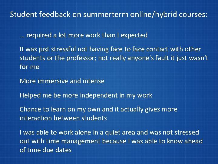 Student feedback on summerterm online/hybrid courses: … required a lot more work than I