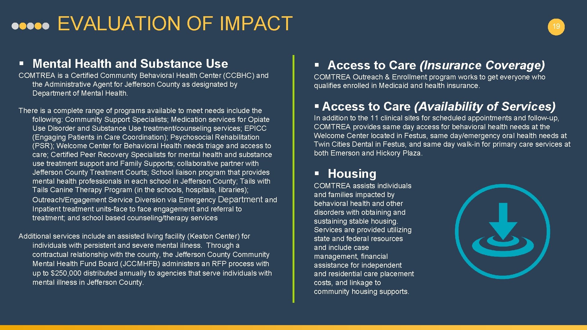 EVALUATION OF IMPACT § Mental Health and Substance Use COMTREA is a Certified Community