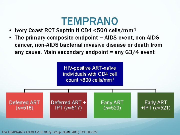 TEMPRANO • Ivory Coast RCT Septrin if CD 4 <500 cells/mm 3 • The