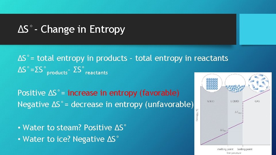 ∆S°- Change in Entropy ∆S°= total entropy in products – total entropy in reactants