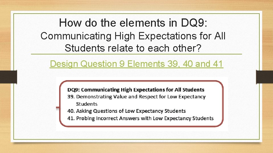 How do the elements in DQ 9: Communicating High Expectations for All Students relate