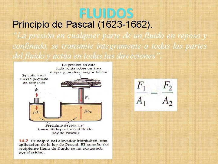 FLUIDOS Principio de Pascal (1623 -1662). “La presión en cualquier parte de un fluido