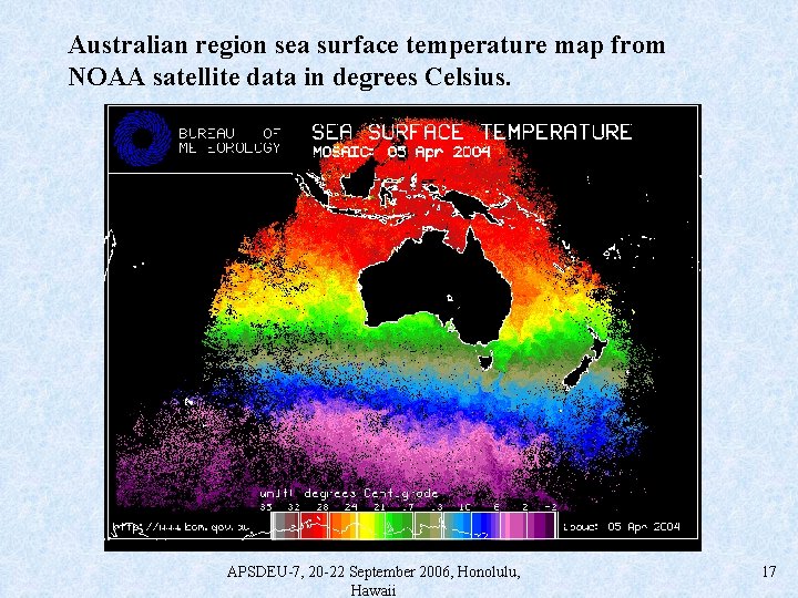 Australian region sea surface temperature map from NOAA satellite data in degrees Celsius. APSDEU-7,