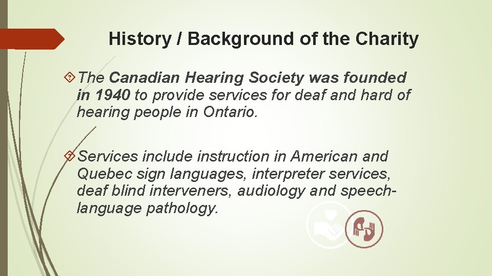 History / Background of the Charity The Canadian Hearing Society was founded in 1940
