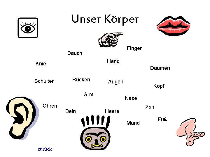 Unser Körper Finger Bauch Hand Knie Schulter Daumen Rücken Augen Arm Ohren Bein Kopf