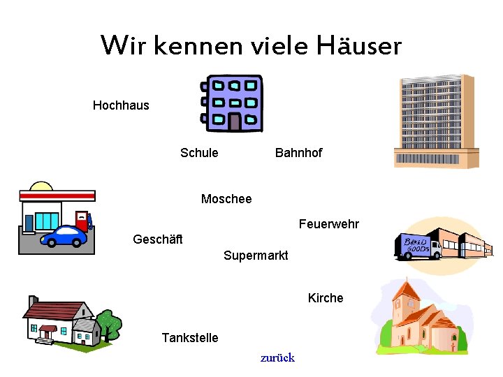 Wir kennen viele Häuser Hochhaus Schule Bahnhof Moschee Feuerwehr Geschäft Supermarkt Kirche Tankstelle zurück