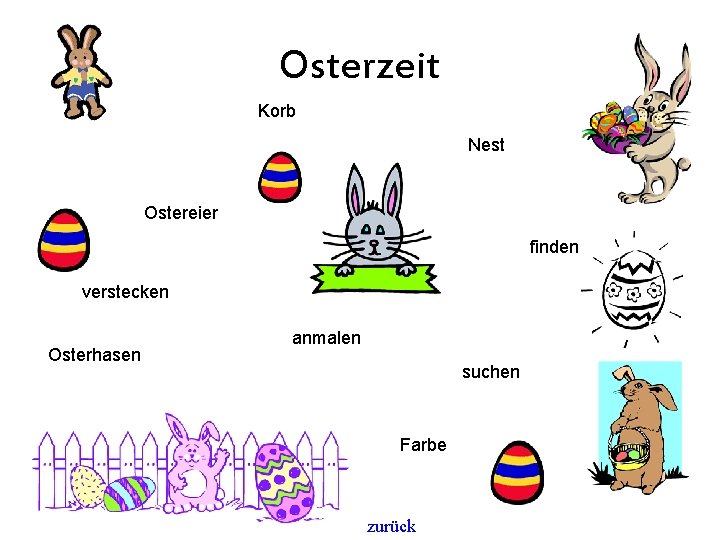 Osterzeit Korb Nest Ostereier finden verstecken Osterhasen anmalen suchen Farbe zurück 