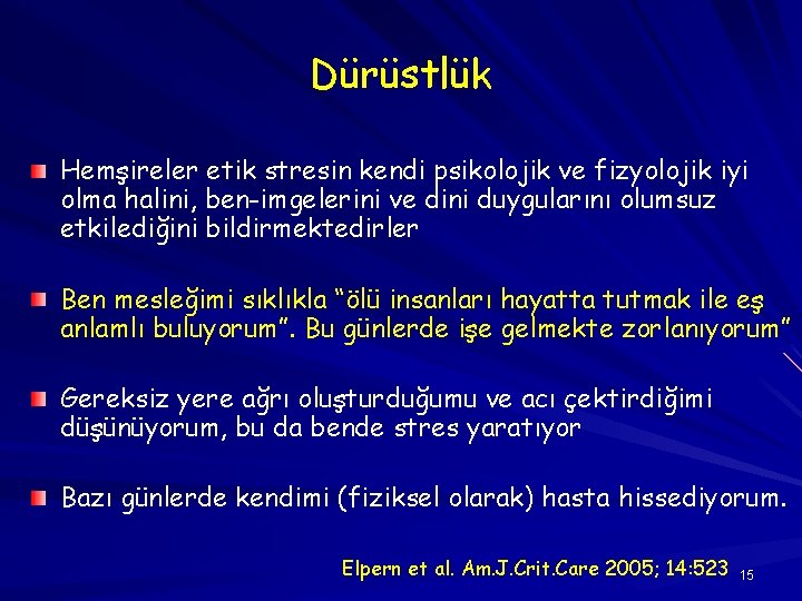 Dürüstlük Hemşireler etik stresin kendi psikolojik ve fizyolojik iyi olma halini, ben-imgelerini ve dini