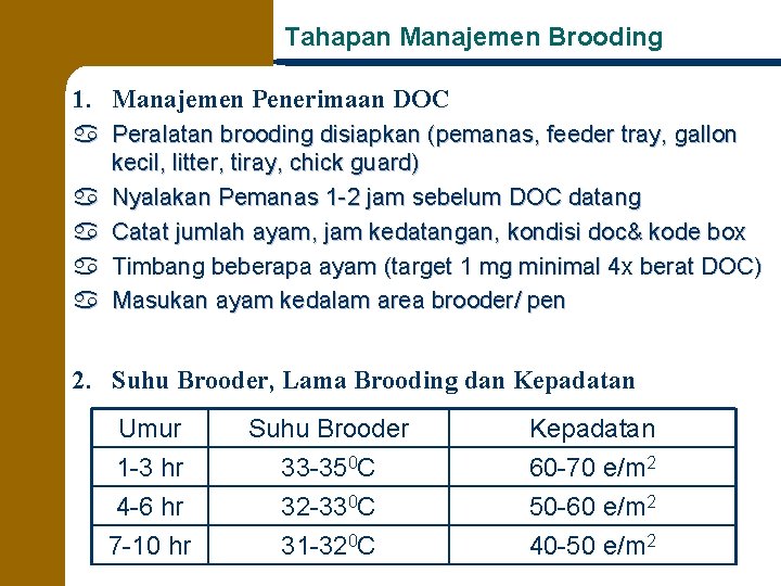 Tahapan Manajemen Brooding 1. Manajemen Penerimaan DOC a Peralatan brooding disiapkan (pemanas, feeder tray,