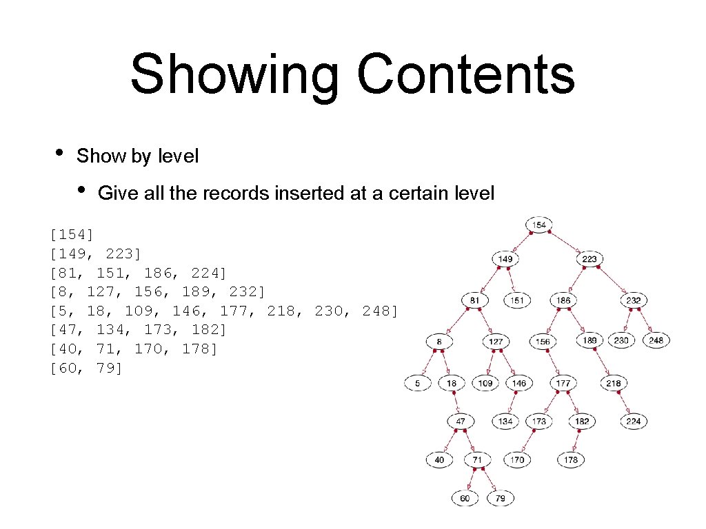 Showing Contents • Show by level • Give all the records inserted at a