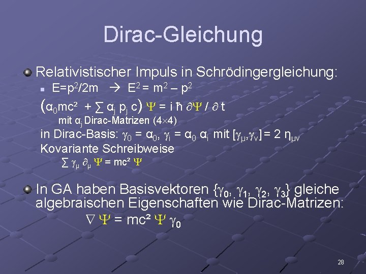 Dirac-Gleichung Relativistischer Impuls in Schrödingergleichung: E=p 2/2 m E 2 = m 2 –