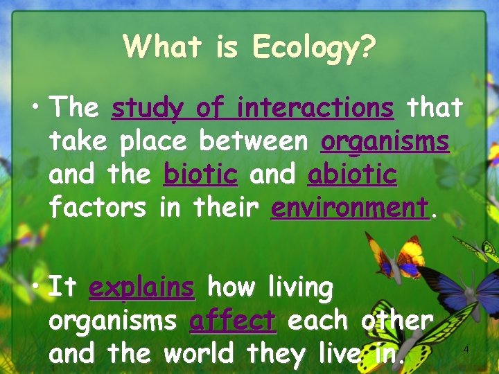 What is Ecology? • The study of interactions that take place between organisms and