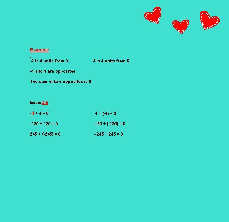 Example -4 is 4 units from 0 -4 and 4 are opposites The sum