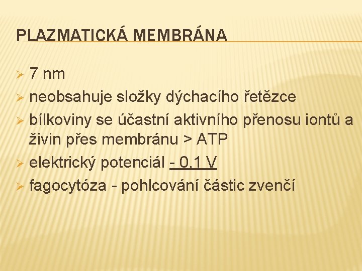 PLAZMATICKÁ MEMBRÁNA 7 nm Ø neobsahuje složky dýchacího řetězce Ø bílkoviny se účastní aktivního