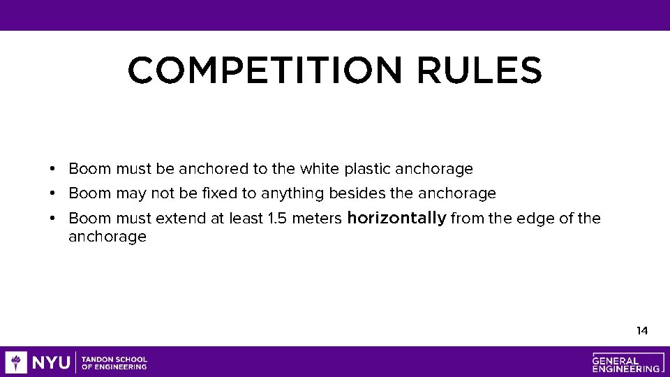 COMPETITION RULES • Boom must be anchored to the white plastic anchorage • Boom