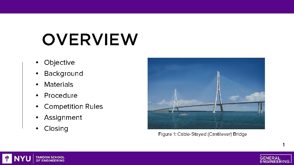 OVERVIEW • • Objective Background Materials Procedure Competition Rules Assignment Closing Figure 1: Cable-Stayed