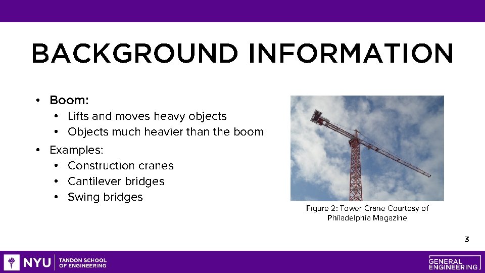 BACKGROUND INFORMATION • Boom: • Lifts and moves heavy objects • Objects much heavier