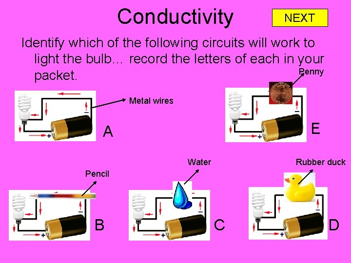 Conductivity NEXT Identify which of the following circuits will work to light the bulb…