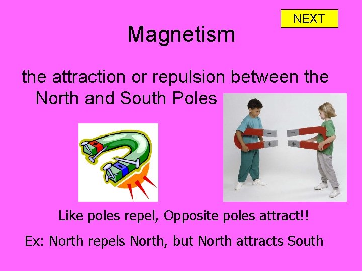 Magnetism NEXT the attraction or repulsion between the North and South Poles Like poles