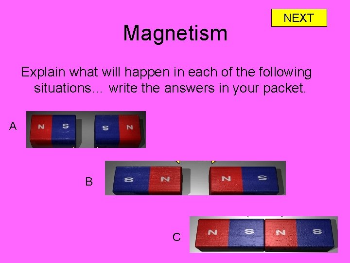Magnetism NEXT Explain what will happen in each of the following situations… write the