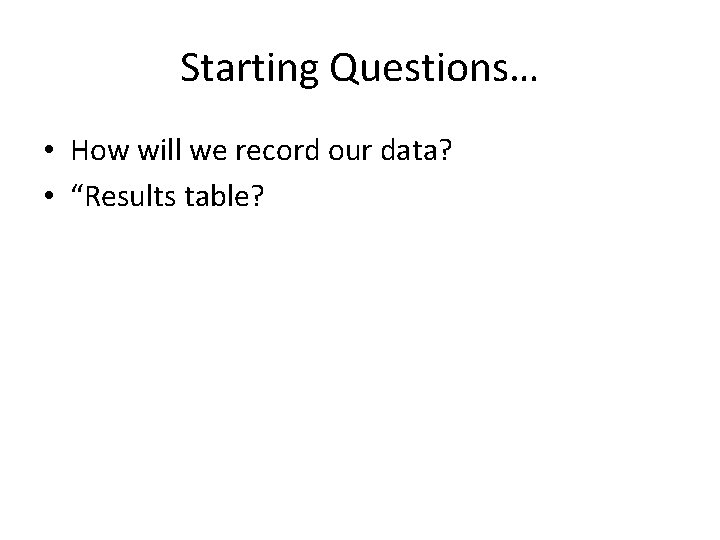 Starting Questions… • How will we record our data? • “Results table? 