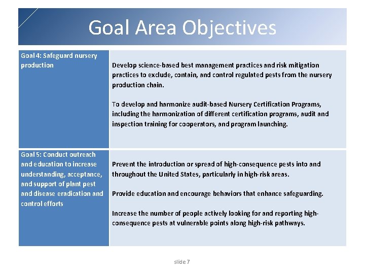Goal Area Objectives Goal 4: Safeguard nursery production Develop science-based best management practices and