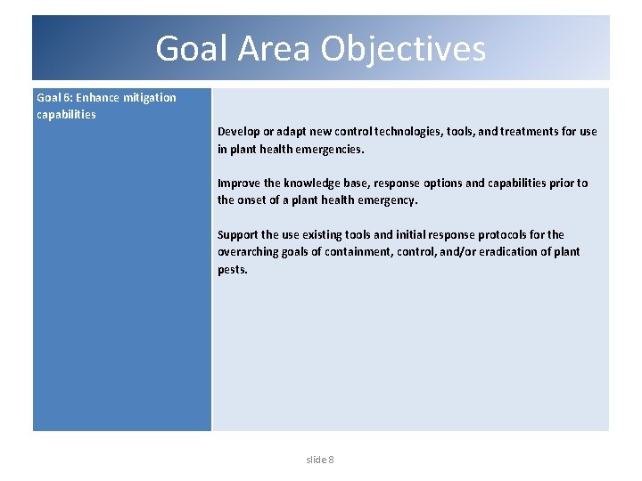 Goal Area Objectives Goal 6: Enhance mitigation capabilities Develop or adapt new control technologies,