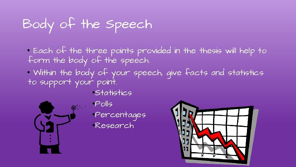 Body of the Speech • Each of the three points provided in thesis will