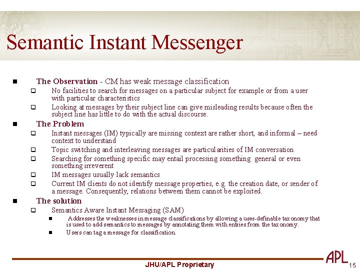 Semantic Instant Messenger The Observation - CM has weak message classification n q q