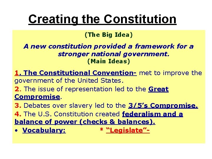Creating the Constitution (The Big Idea) A new constitution provided a framework for a