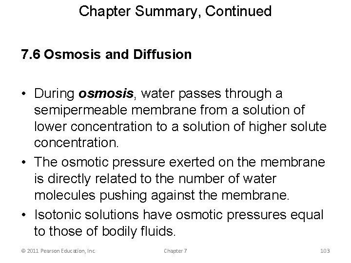 Chapter Summary, Continued 7. 6 Osmosis and Diffusion • During osmosis, water passes through