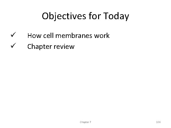 Objectives for Today ü ü How cell membranes work Chapter review Chapter 7 106