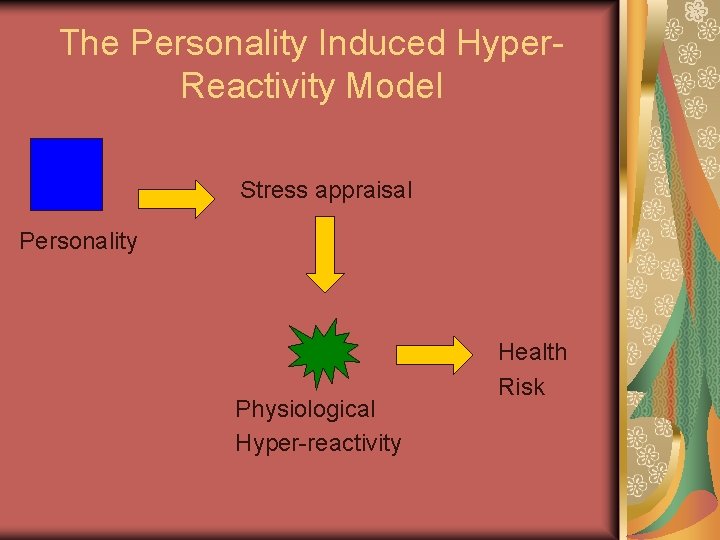 The Personality Induced Hyper. Reactivity Model Stress appraisal Personality Physiological Hyper-reactivity Health Risk 