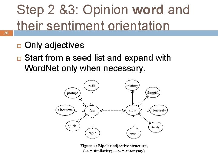 20 Step 2 &3: Opinion word and their sentiment orientation Only adjectives Start from