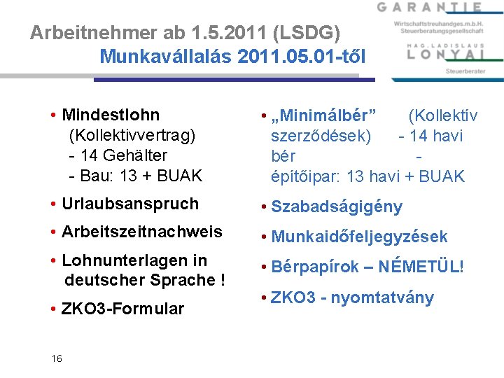 Arbeitnehmer ab 1. 5. 2011 (LSDG) Munkavállalás 2011. 05. 01 -től • Mindestlohn (Kollektivvertrag)