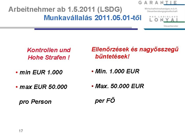 Arbeitnehmer ab 1. 5. 2011 (LSDG) Munkavállalás 2011. 05. 01 -től Kontrollen und Hohe