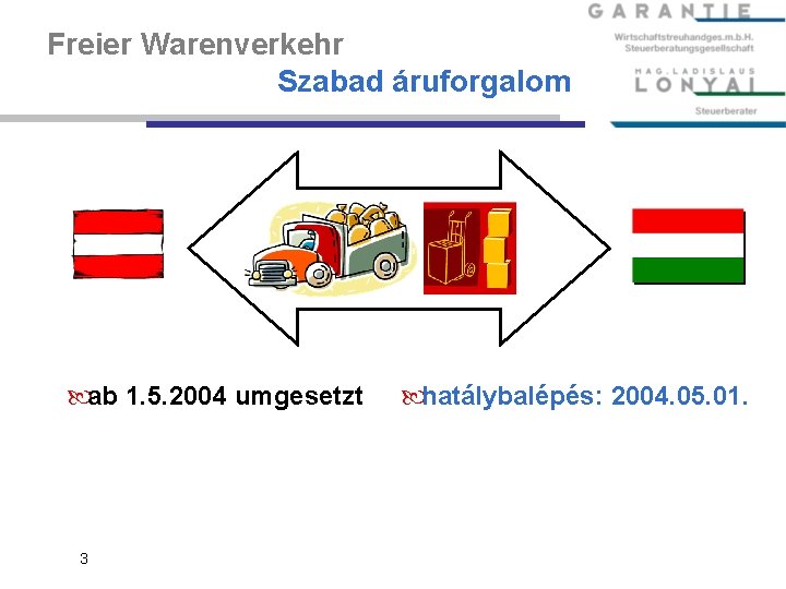 Freier Warenverkehr Szabad áruforgalom ab 1. 5. 2004 umgesetzt 3 hatálybalépés: 2004. 05. 01.