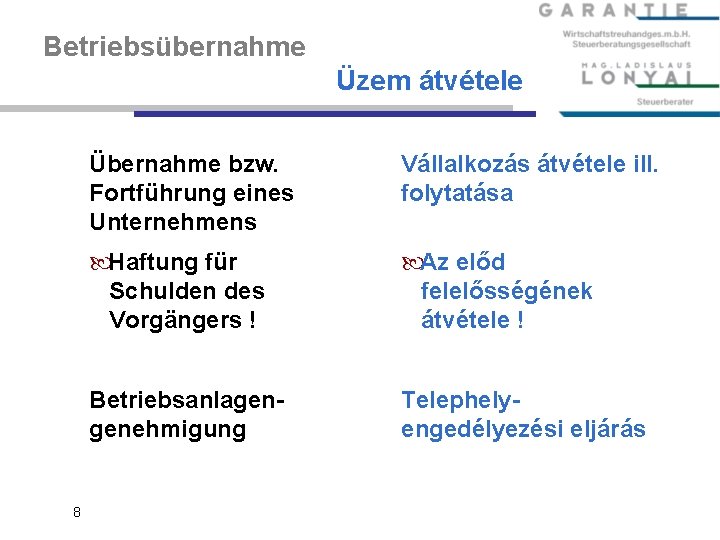 Betriebsübernahme Üzem átvétele 8 Übernahme bzw. Fortführung eines Unternehmens Vállalkozás átvétele ill. folytatása Haftung