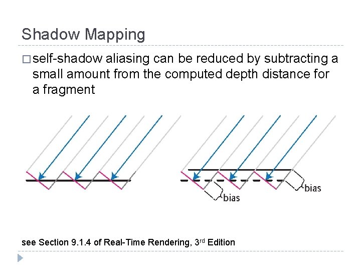 Shadow Mapping � self-shadow aliasing can be reduced by subtracting a small amount from
