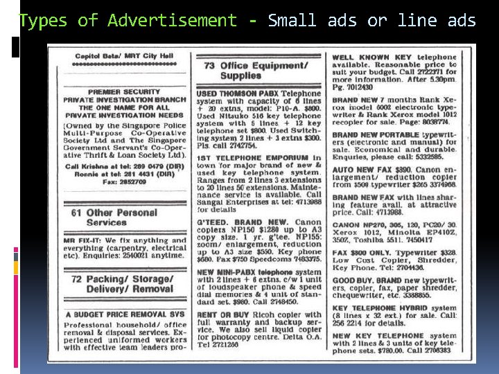 Types of Advertisement - Small ads or line ads 