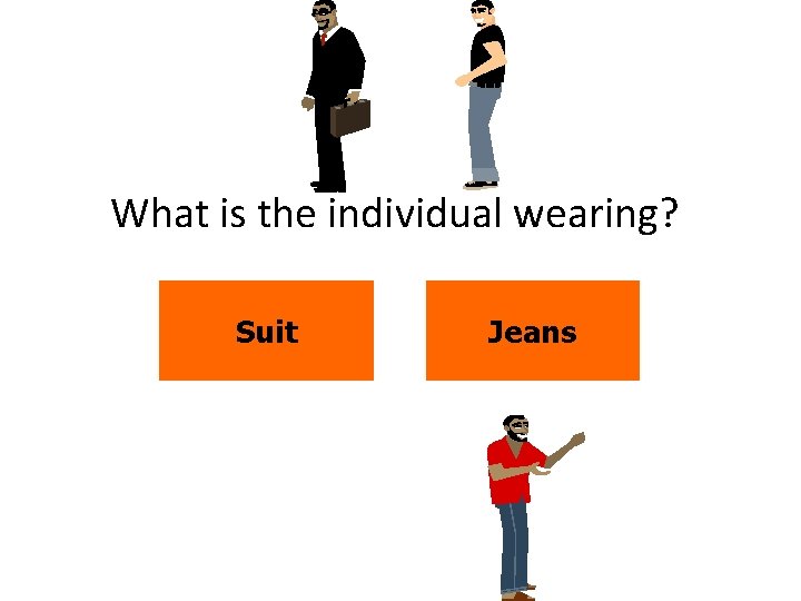 What is the individual wearing? Suit Jeans 