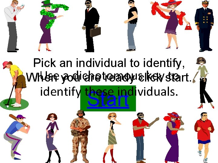 Pick an individual to identify, Use you a dichotomous key start. to When are