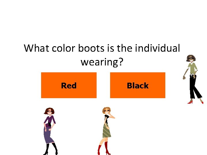What color boots is the individual wearing? Red Black 
