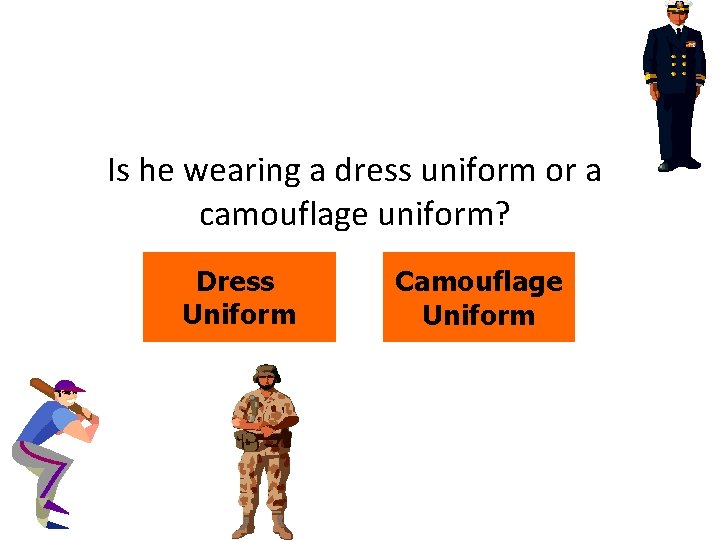 Is he wearing a dress uniform or a camouflage uniform? Dress Uniform Camouflage Uniform