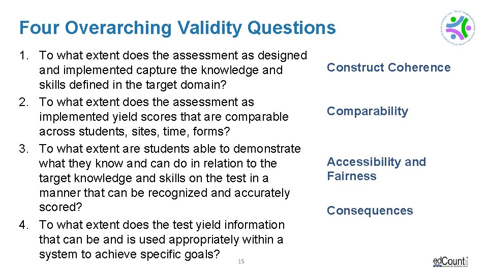 Four Overarching Validity Questions 1. To what extent does the assessment as designed and