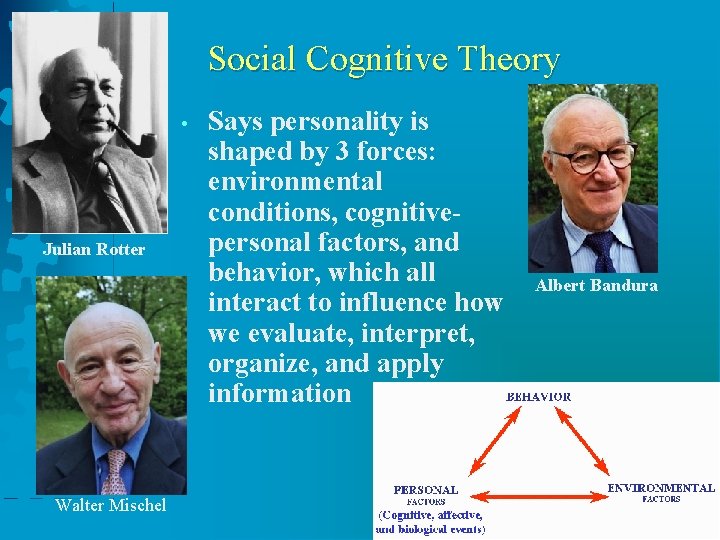 Social Cognitive Theory • Julian Rotter Walter Mischel Says personality is shaped by 3