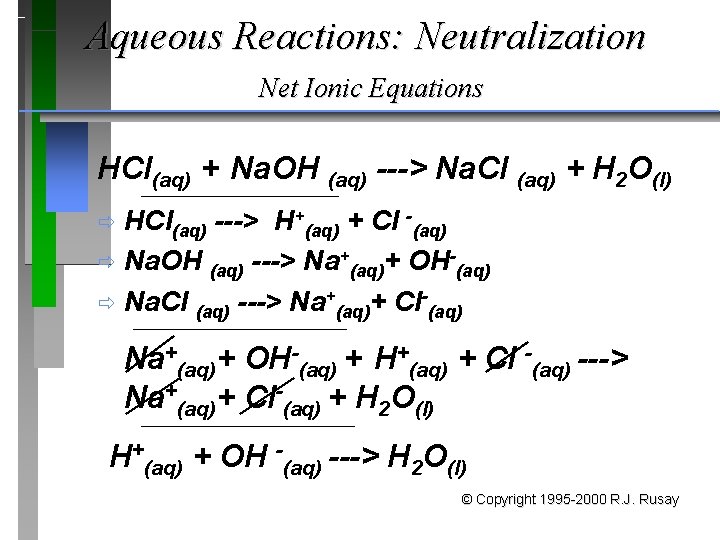 Aqueous Reactions: Neutralization Net Ionic Equations HCl(aq) + Na. OH (aq) ---> Na. Cl
